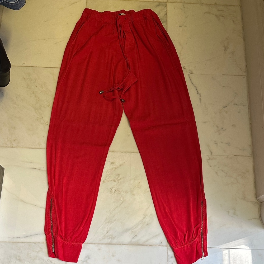 Splendid Red Drawstring Pants with Zipper Details